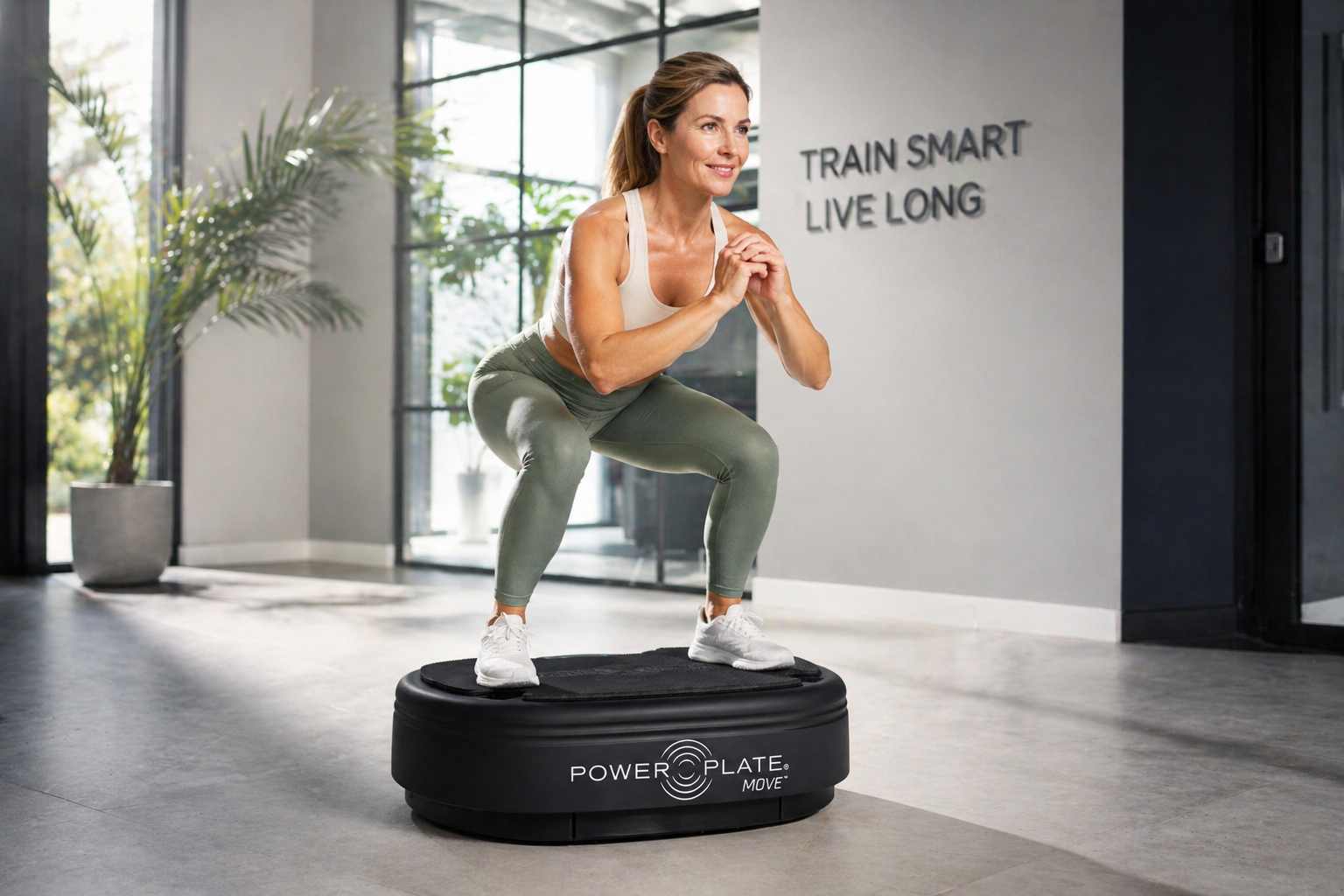 Frau beim Ganzkörpertraining auf einer Power Plate im Studio